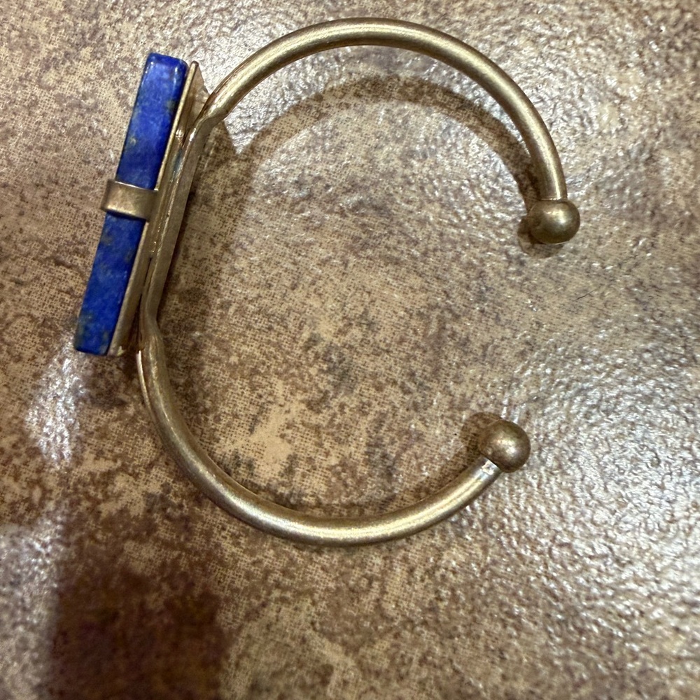 Vintage Lapis Lazuli Brass Cuff Bracelet Modernist Rectangular Stone - Picture 5 of 5